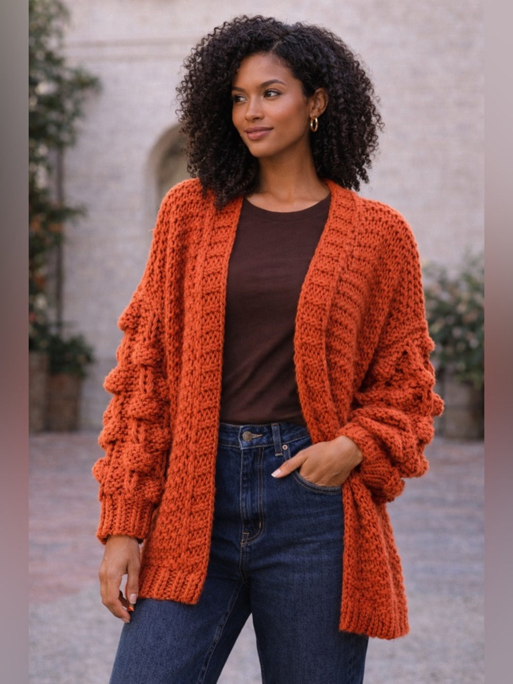 MACARON Chunky Knit Cardigan Small Burnt Orange Bubble Sleeve Cozy Fall Sweater